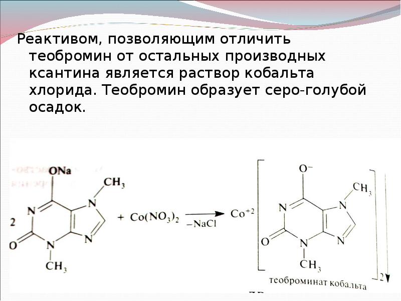 Кобальт гидроксид натрия. Теобромин качественная реакция. Теофиллин и теобромин. Качественная реакция на теобромин с хлоридом кобальта (II).. Теофиллин с кобальта хлоридом.